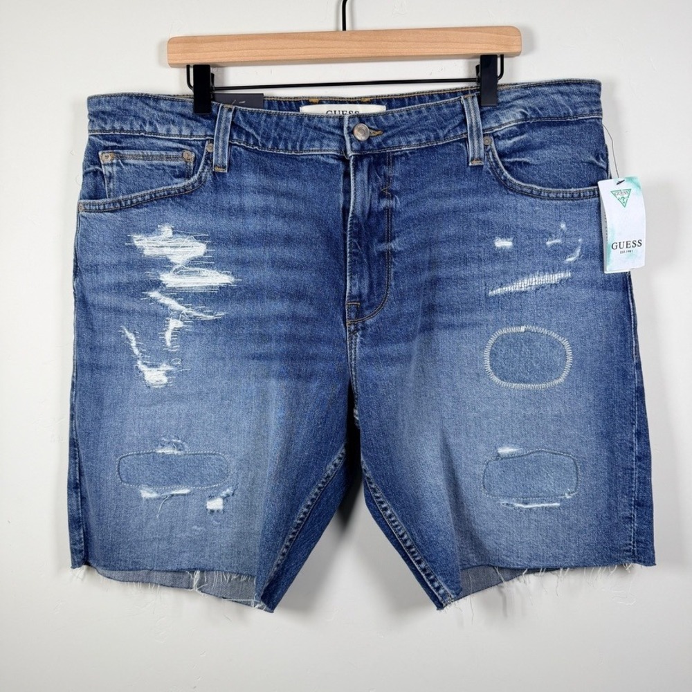 Guess Mens Wyatt Distressed Denim Shorts Regular 38 Blue Raw Hem 90s Whiskered